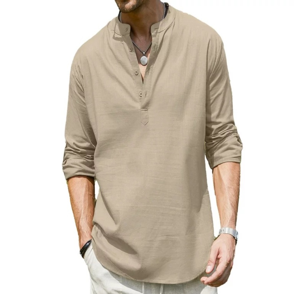 COOFANDY Men's Linen Shirt Collarless Long Sleeve Dark Khaki in Medium